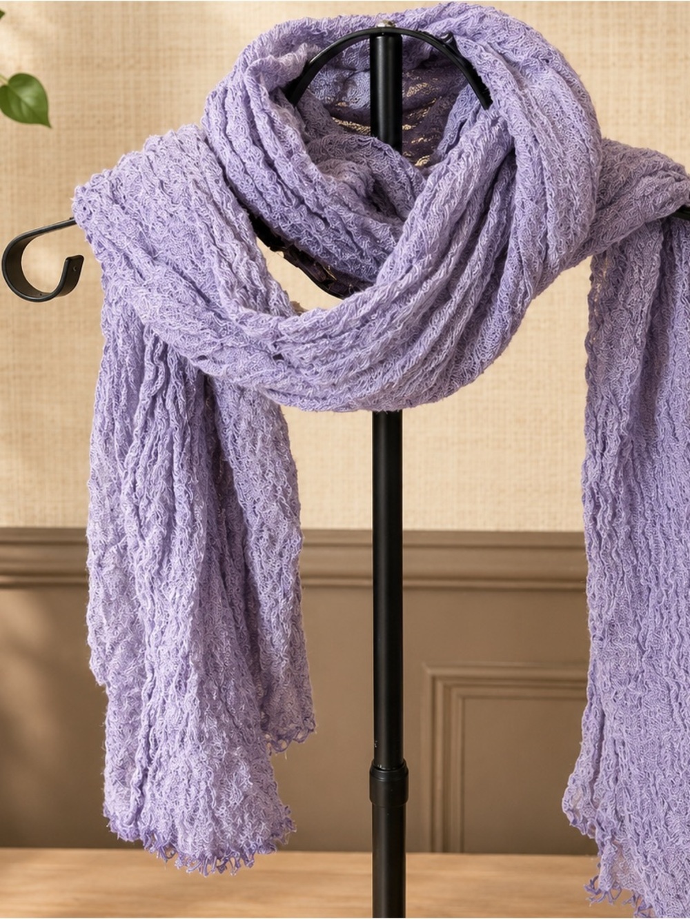Flax Linen Wool Blend Lavender Textured Crinkle Scarf